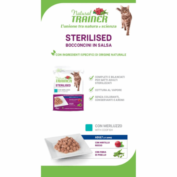 Natural Trainer Cat Adult Sterilised Bocconcini in Salsa Merluzzo - 85 g - immagine 5