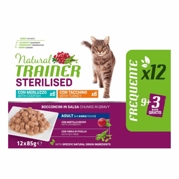 Natural Trainer Cat Adult Sterilised Multipack Bocconcini in Salsa Tacchino e Merluzzo - 12X85 g - immagine 3