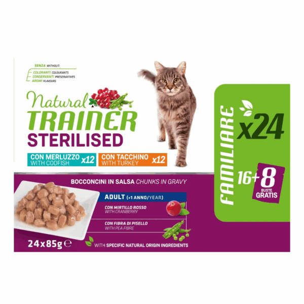 Natural Trainer Cat Adult Sterilised Multipack Bocconcini in Salsa Tacchino e Merluzzo - 24X85 g - immagine 3