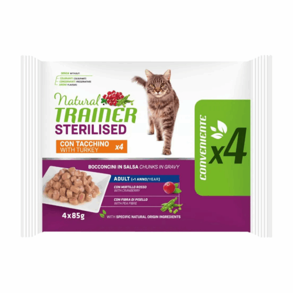Natural Trainer Cat Adult Sterilised Flow Pack Bocconcini in Salsa Tacchino - 4X85 g