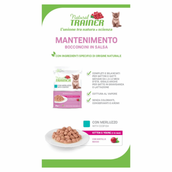 Natural Trainer Cat Kitten&Young Bocconcini in Salsa Merluzzo - 85 g - immagine 5