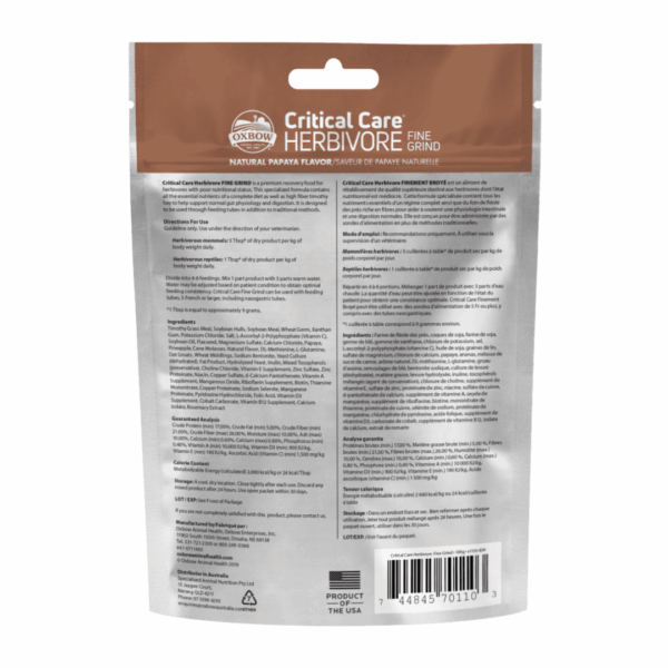 Oxbow Critical Care Herbivore Fine Grind Natural Papaya Flavor - 100 g - immagine 2