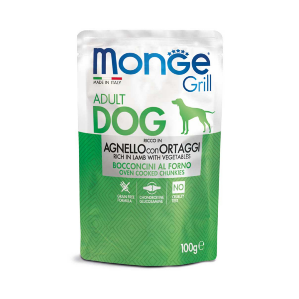 Monge Dog Grill Adult Multipack Salmone, Maiale, Agnello e Ortaggi - 12X100 g - immagine 4
