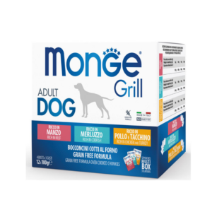 Monge Grill Dog Adult Multipack Bocconcini Pollo, Tacchino, Manzo e Merluzzo - 12X100 g