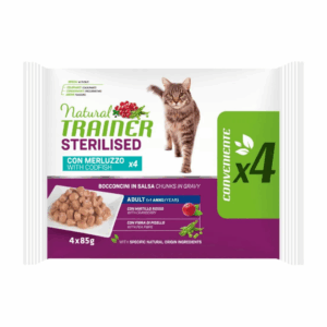 Natural Trainer Cat Adult Sterilised Flow Pack Bocconcini in Salsa Merluzzo - 4X85 g