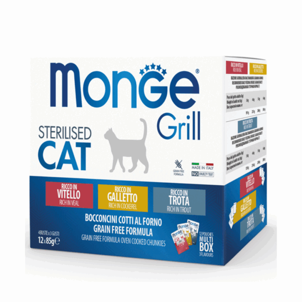 Monge Cat Grill Adult Sterilised Multipack Vitello, Galletto e Trota – 12X85 g