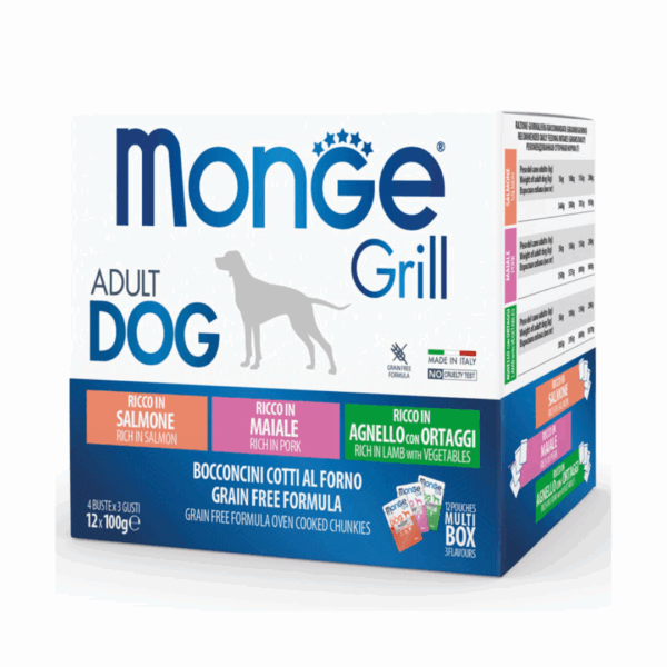 Monge Dog Grill Adult Multipack Salmone, Maiale, Agnello e Ortaggi - 12X100 g